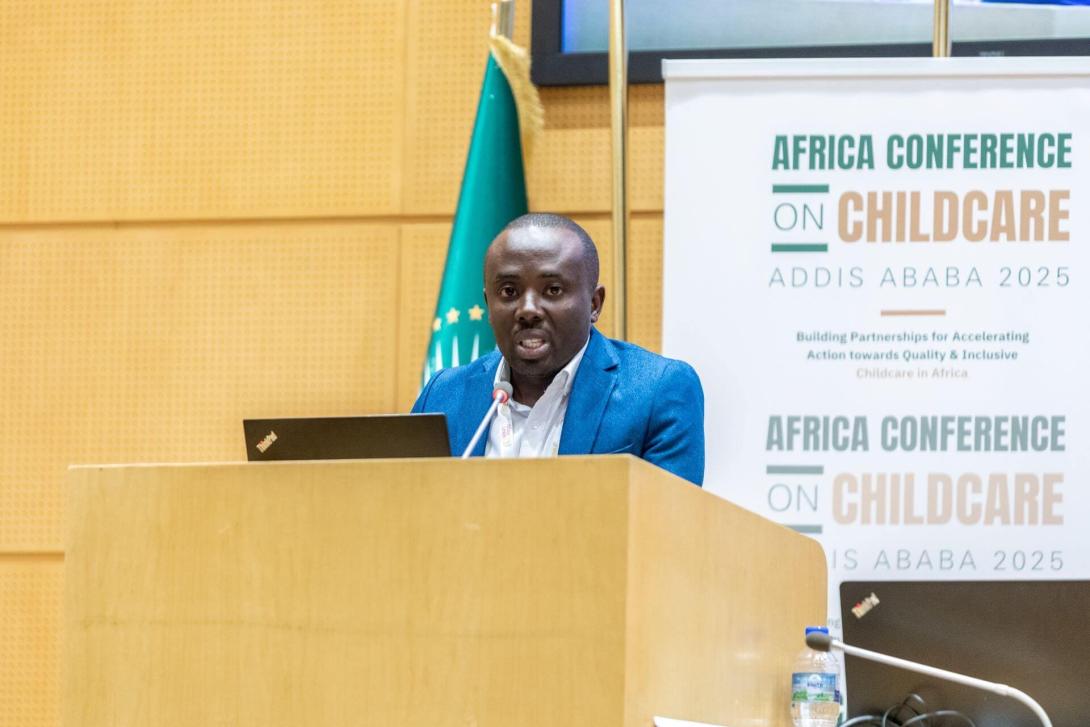 Godfrey Mwesigye, Kulea Watoto Advocacy Manager, attending a high-level convening at the African Union Headquarters in Addis Ababa — the Africa Conference on Childcare